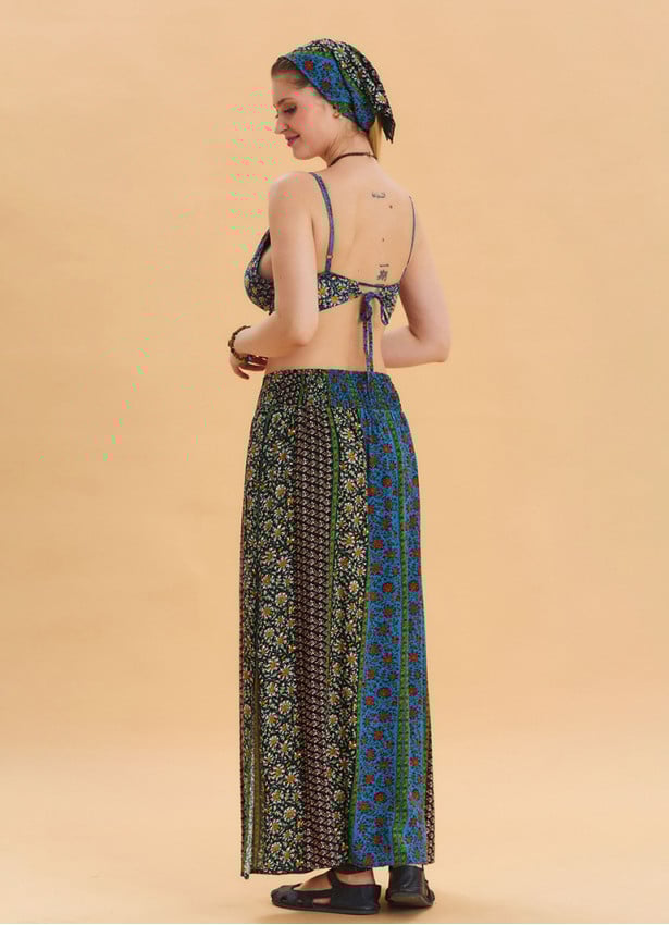 Navy Blue Long Skirt with Elastic Waist and Deep Slit 4502